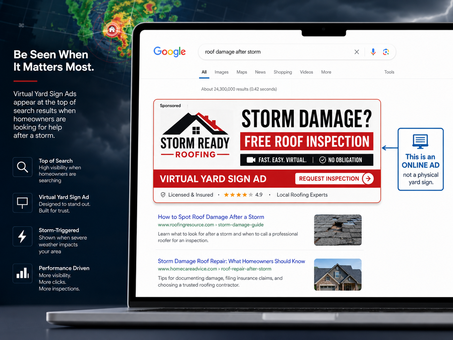 Virtual Yard Sign Ad shown as an online roofing ad in search results